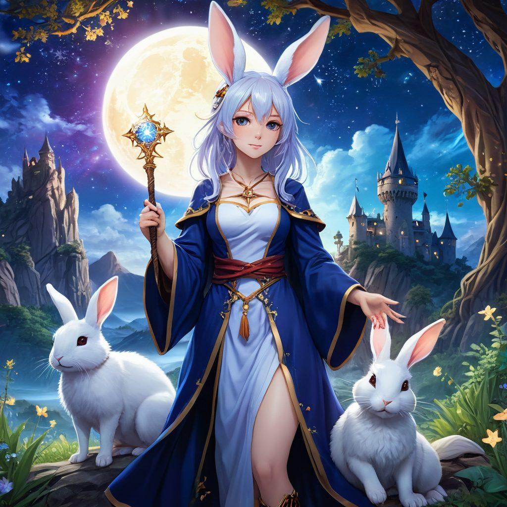 A whimsical anime-inspired scene featuring a dynamic mix of characters from visual novels and RPGs: a dashing protagonist, a mystical sorceress, and a cute companion rabbit. Surround them with sprawling fantasy landscapes, shimmering stars, and magical artifacts. Capture the romantic tension and dramatic adventure in vivid, intricate detail. vibrant colors. anime art style.